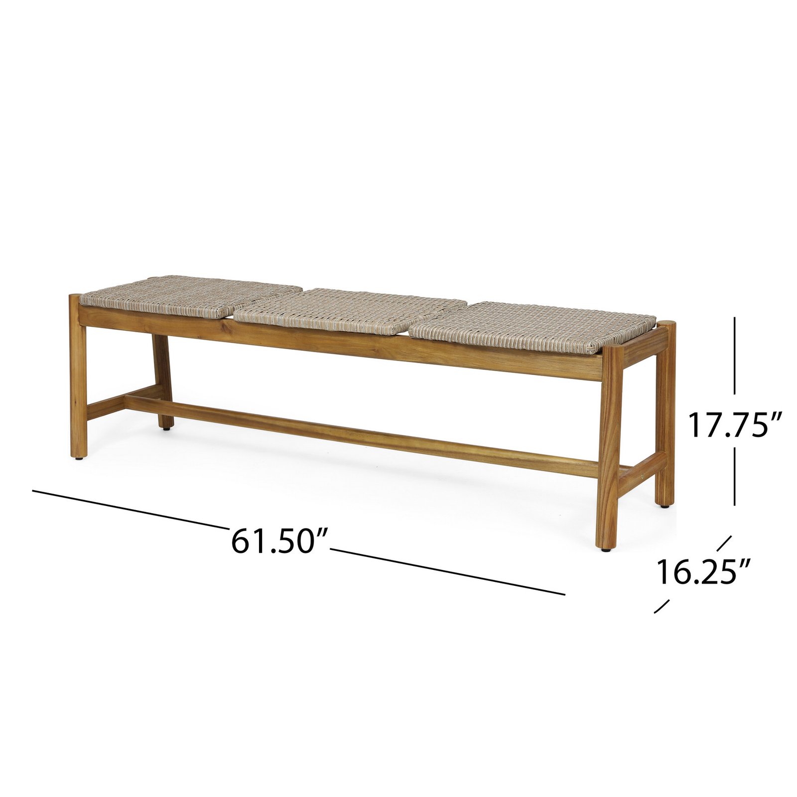 Outdoor acacia wood bench with rattan accents dimensions and size details for 3 seater patio seating