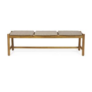 Front view of outdoor acacia wood bench with rattan accents for 3 seater patio seating