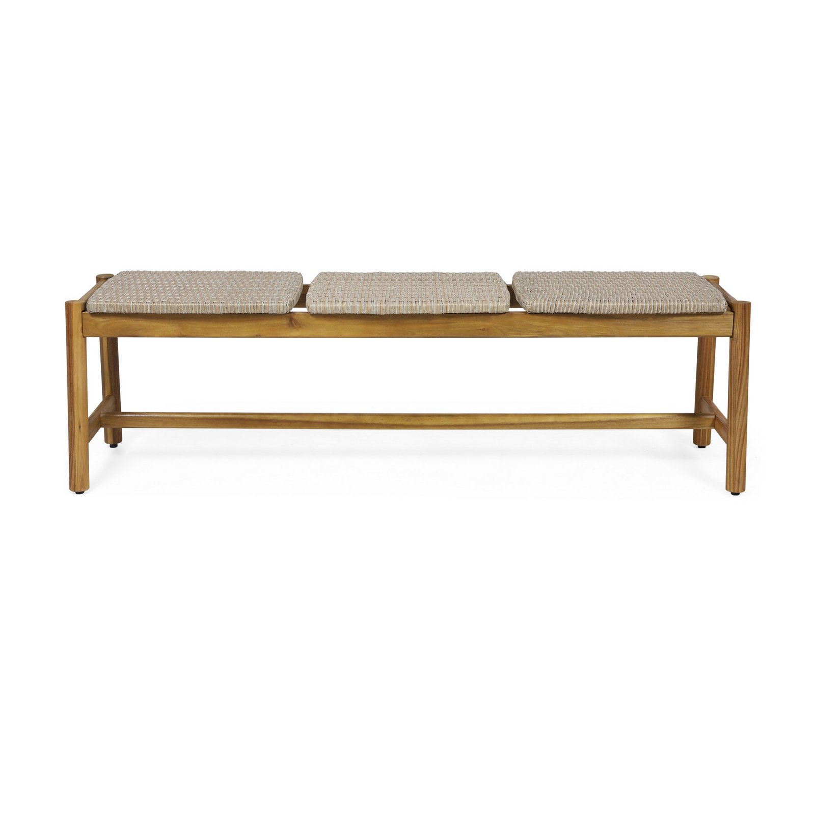 Front view of outdoor acacia wood bench with rattan accents for 3 seater patio seating