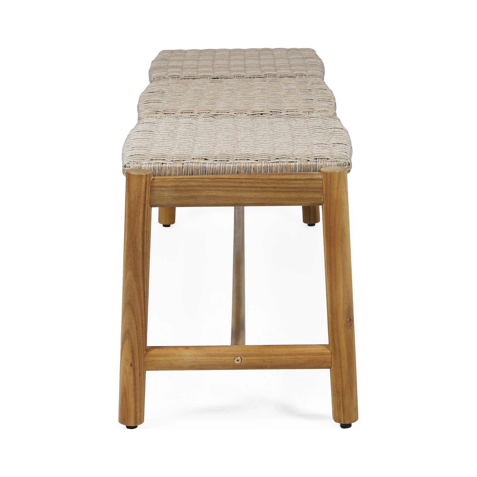 Side view of outdoor acacia wood bench with rattan accents for 3 seater patio seating
