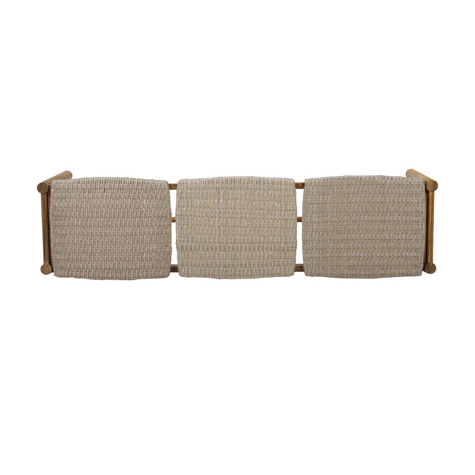 Top view of outdoor acacia wood bench with rattan accents showing 3 seater patio seating design