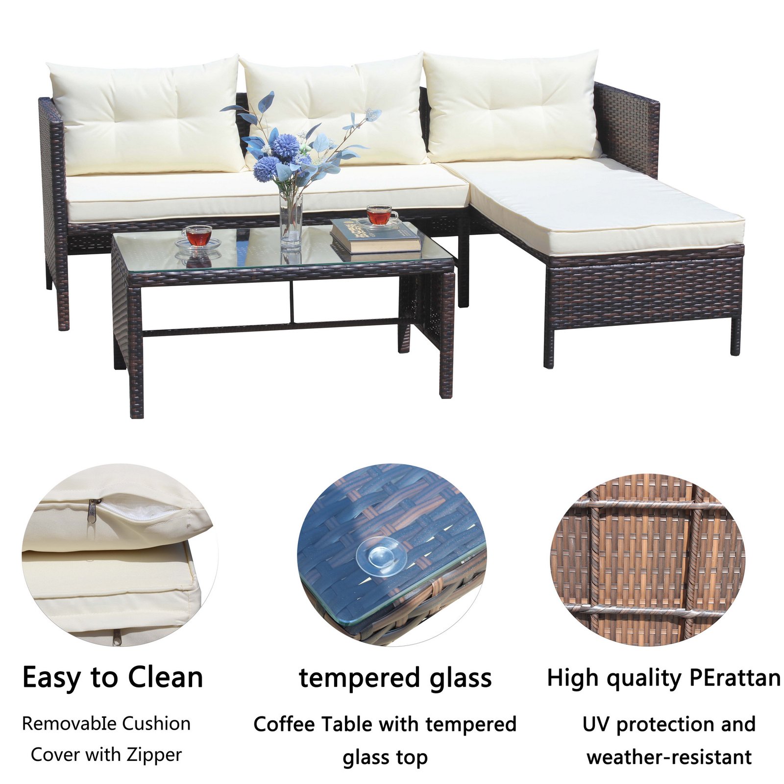 Coffee table detail of 3 piece outdoor patio furniture set with tempered glass top, PE rattan frame, easy to clean and weather resistant outdoor furniture set
