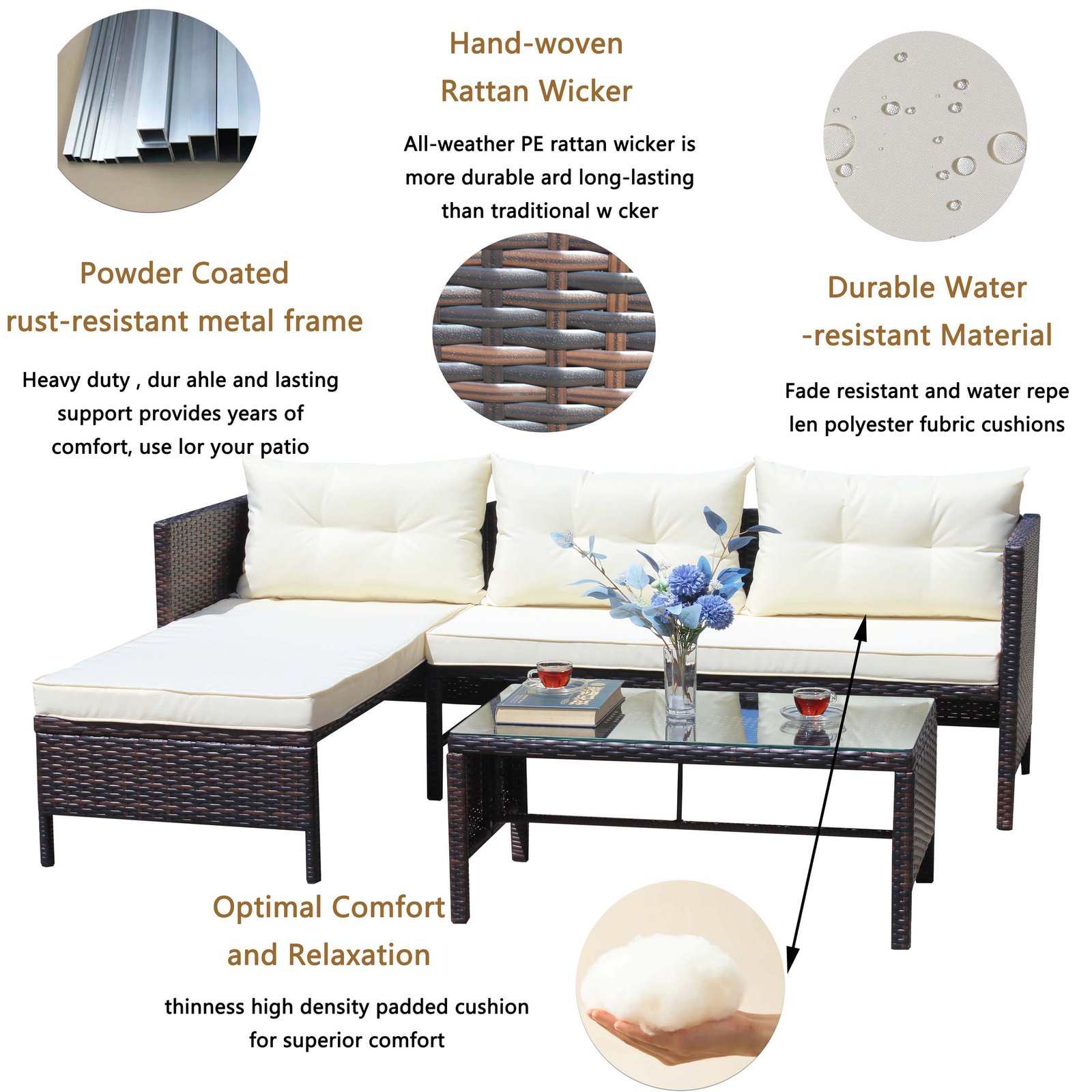 Close-up of 3 piece outdoor patio furniture set showing hand woven PE rattan wicker powder coated rust resistant frame and water resistant cushions for patio and backyard