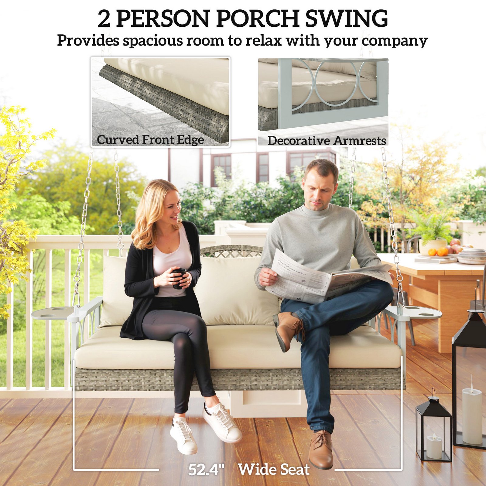 2 person outdoor porch swing with couple sitting together spacious 52.4 inch wide seat curved front edge decorative armrests heavy duty steel frame