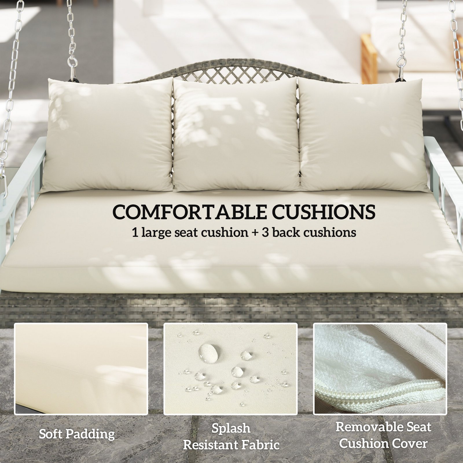 Outdoor porch swing comfortable cushions detail large seat cushion and 3 back cushions soft padding removable seat cushion cover resistant fabric