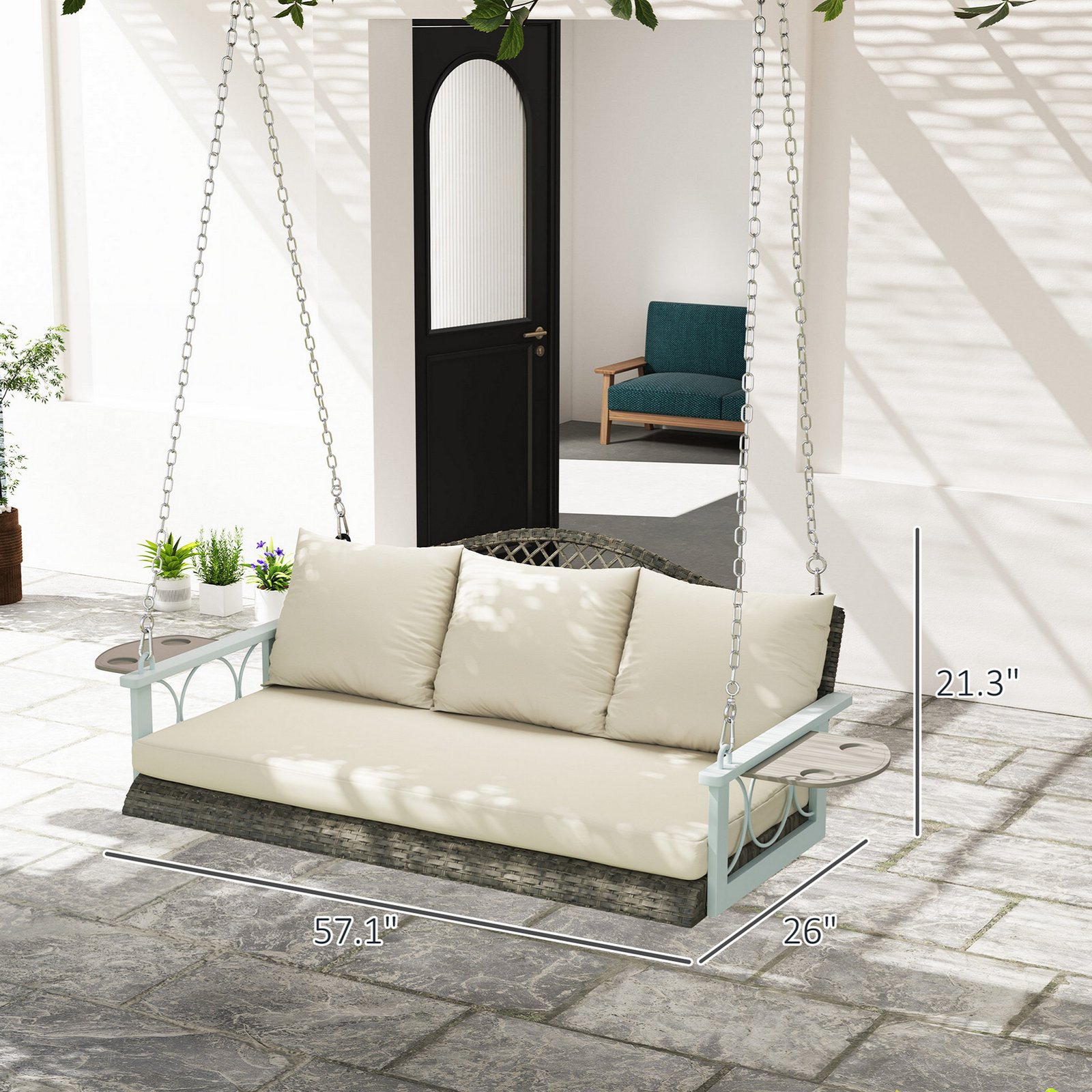 Outdoor porch swing dimensions and size chart with weight capacity 794 lbs heavy duty steel frame hanging bench for patio and backyard