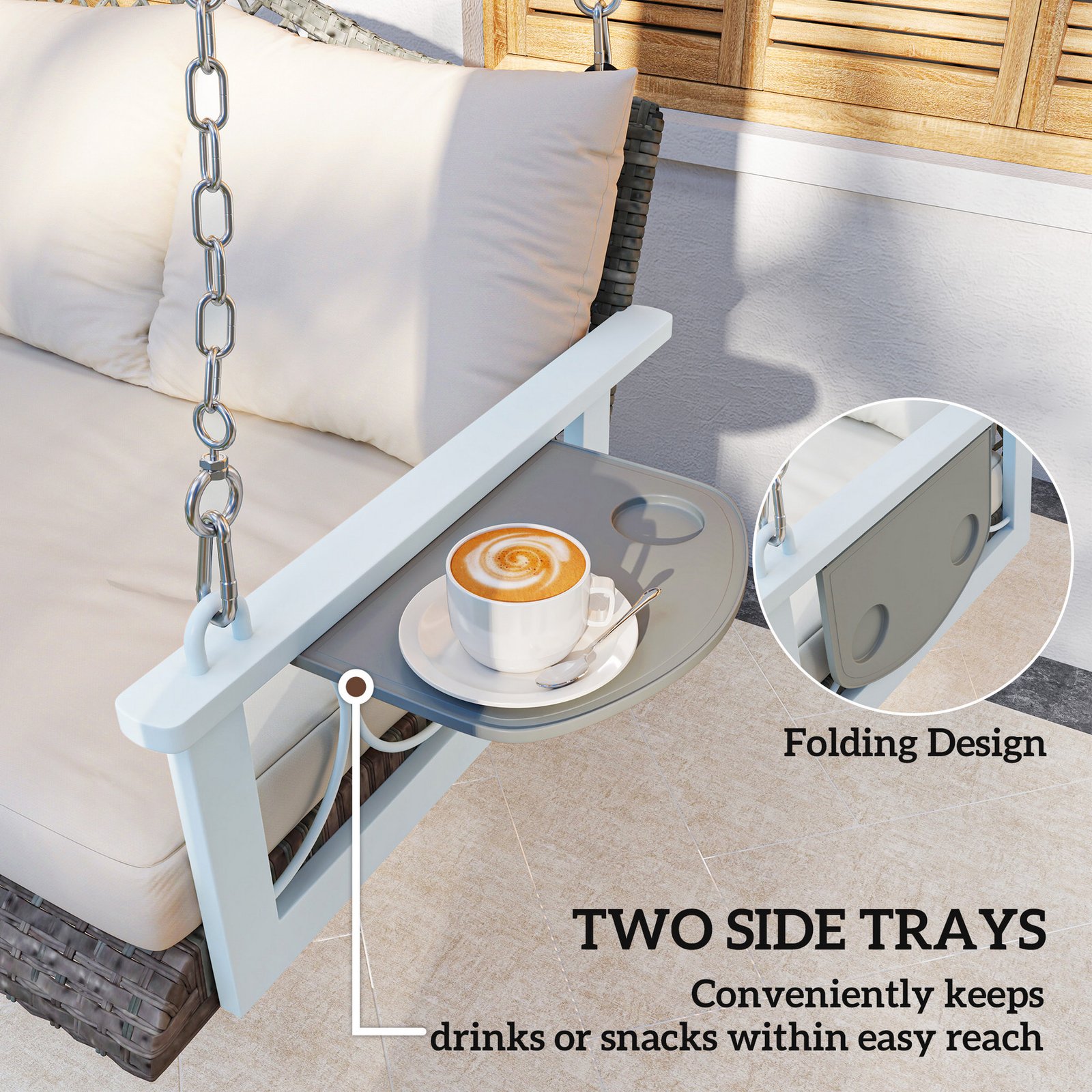 Outdoor porch swing folding side tray detail with cup holders two side trays convenient storage for drinks and snacks