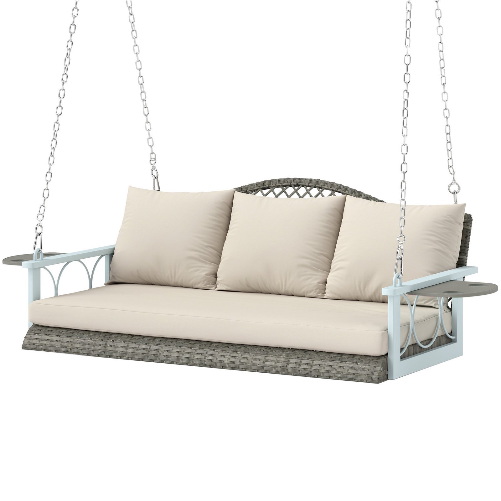 Outdoor porch swing with cushions and cup holders heavy duty steel frame hanging bench 794 lbs capacity white background product image