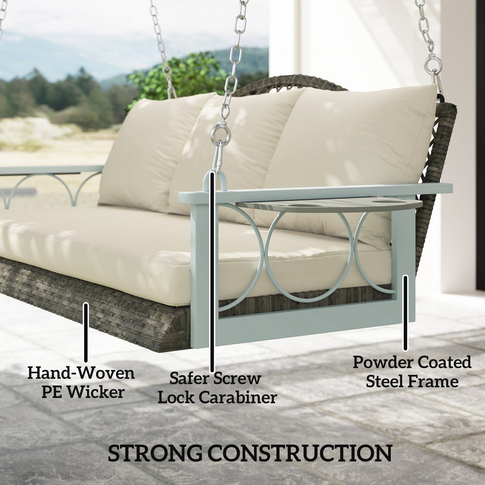 Outdoor porch swing structure detail powder coated steel frame hand woven PE wicker screw lock carabiner strong construction hanging bench