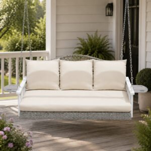 Outdoor porch swing with cushions and cup holders, heavy duty steel frame hanging bench with 794 lbs capacity for patio, garden and backyard