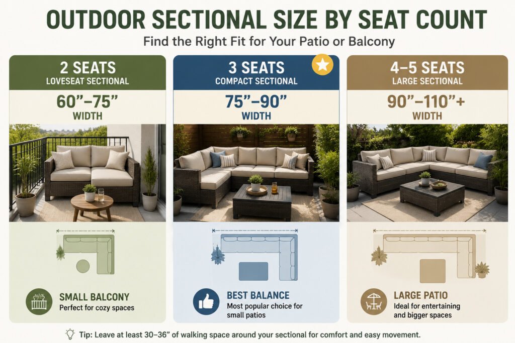Outdoor sectional size comparison by seat count for small patios