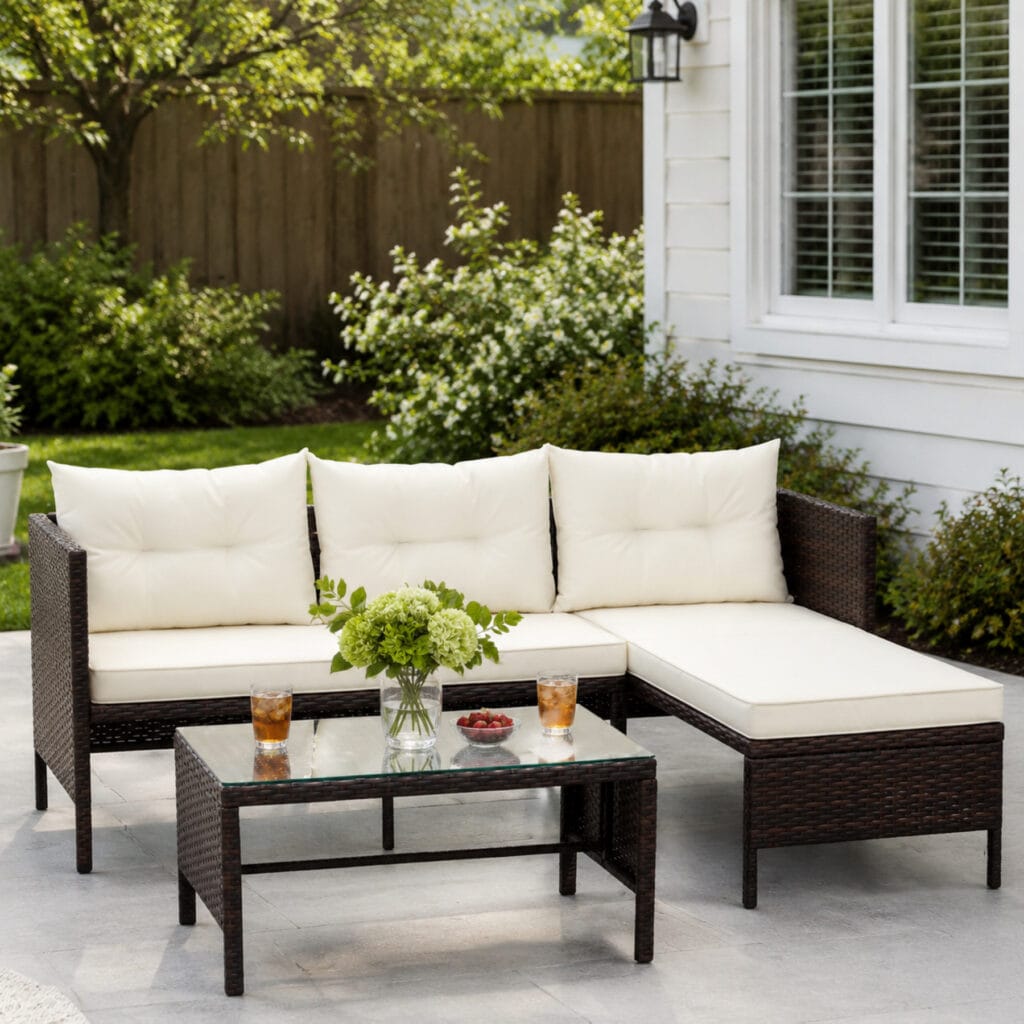 3 Piece outdoor wicker rattan sectional sofa set with chaise lounge and glass coffee table, cream cushions patio furniture for backyard garden use in US home