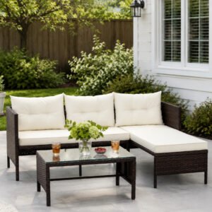3 Piece outdoor wicker rattan sectional sofa set with chaise lounge and glass coffee table, cream cushions patio furniture for backyard garden use in US home