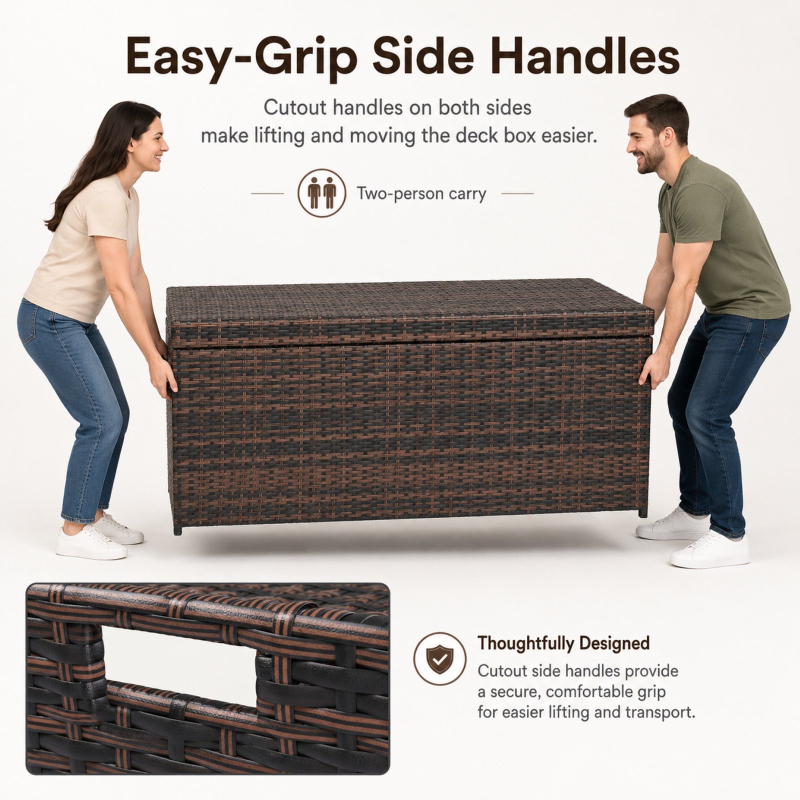 132 gallon outdoor wicker deck box with cutout side handles for easy lifting and moving