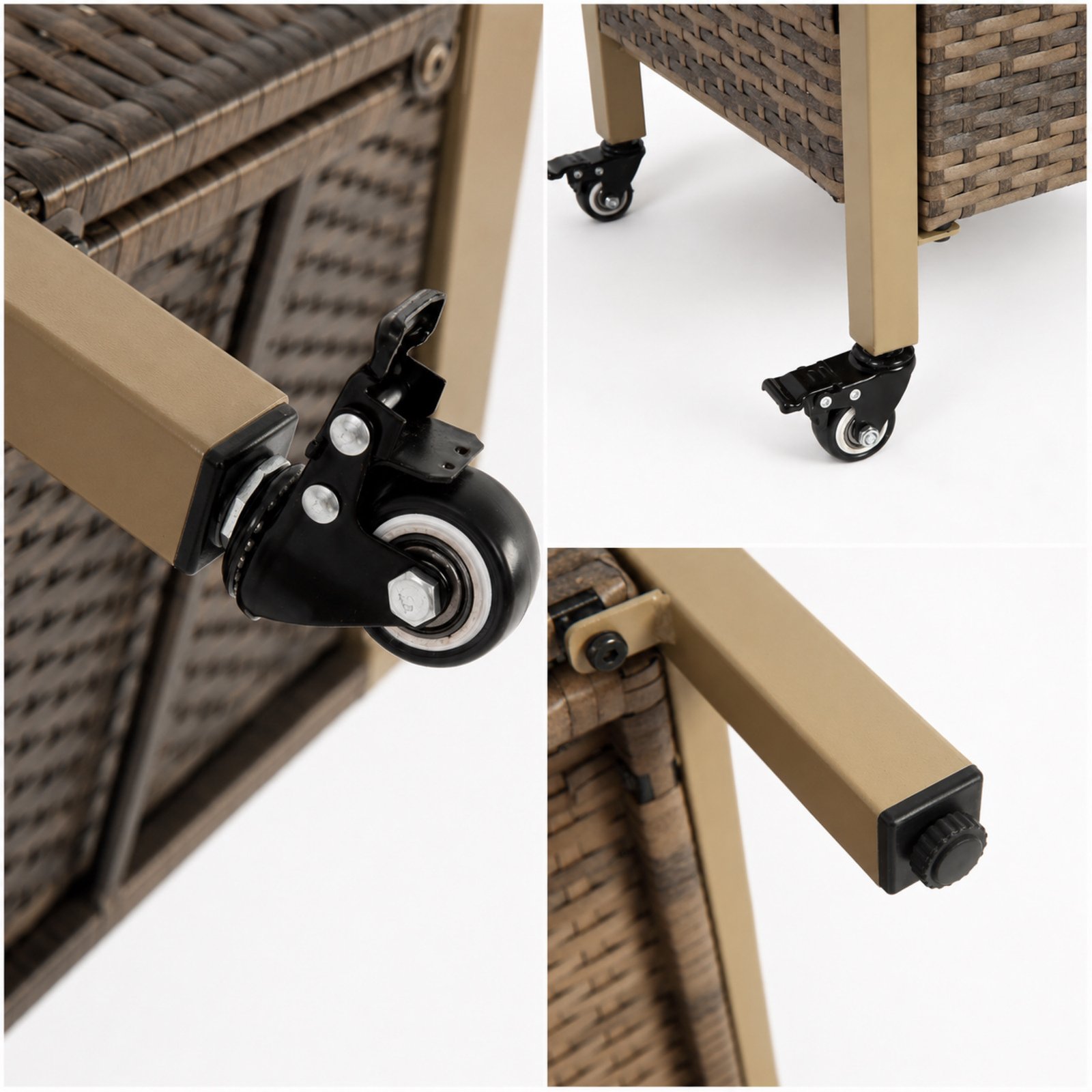 Close-up of outdoor wicker grill cart caster wheels and support legs