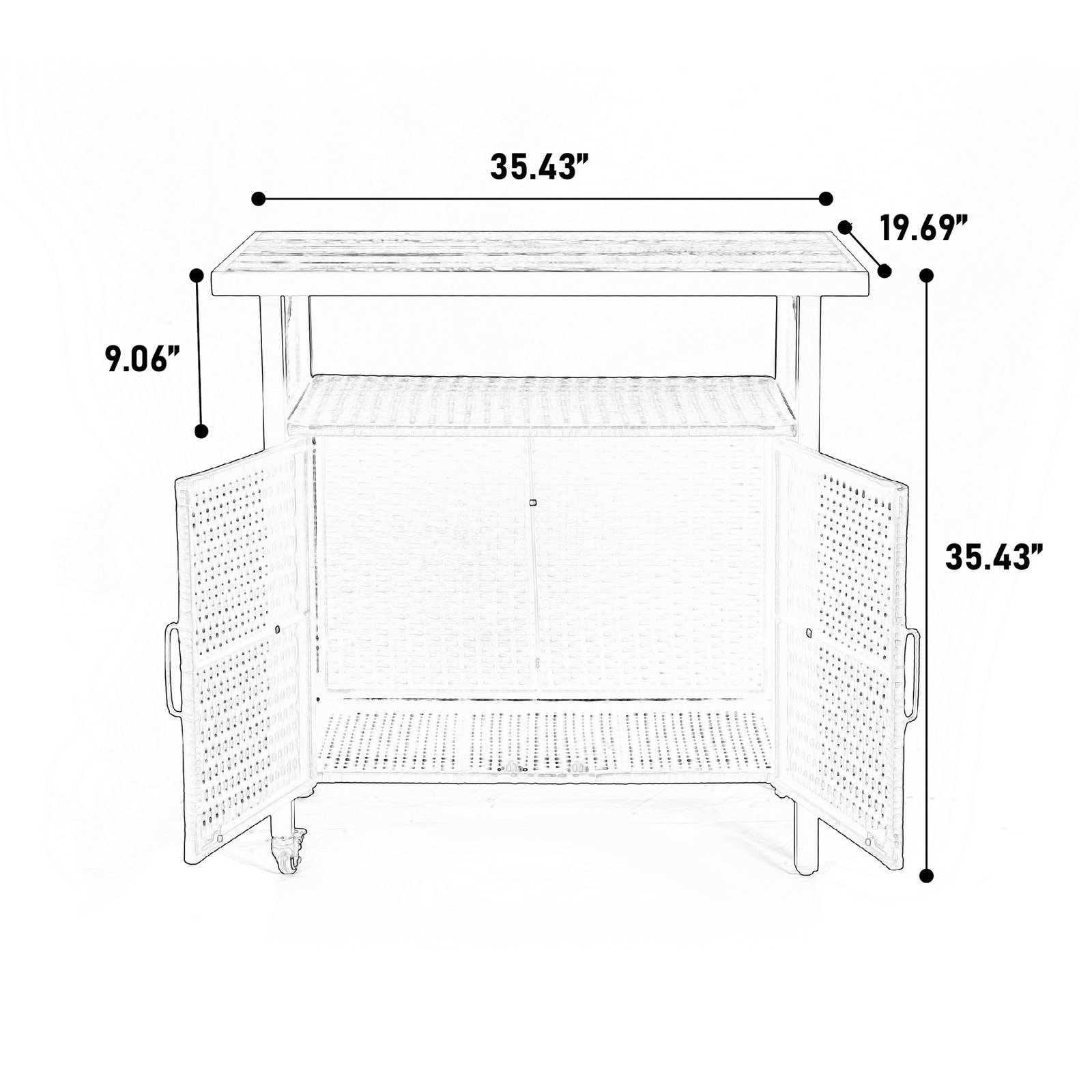 Outdoor wicker grill cart dimensions with wheels, tabletop, shelf, and storage cabinet