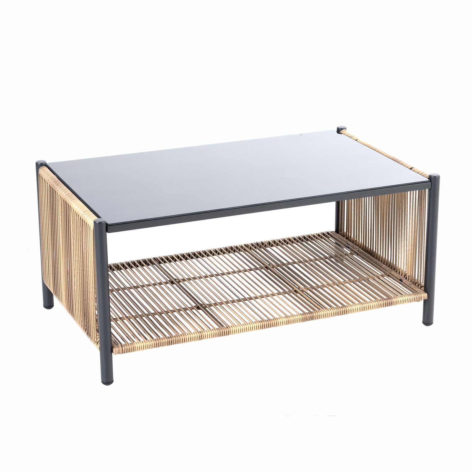 Outdoor wicker loveseat sofa set coffee table with black tempered glass top on white background