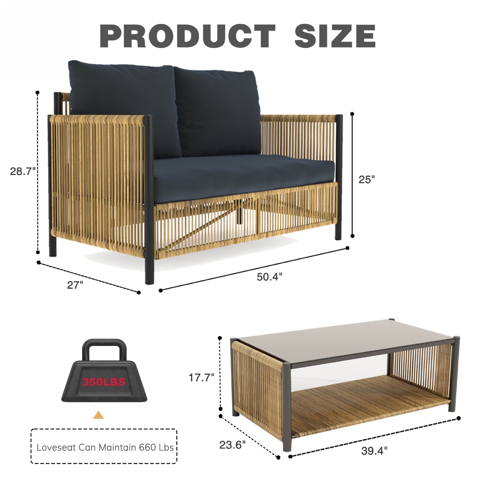 Outdoor wicker loveseat sofa set dimensions with product size and 660 lbs weight capacity