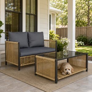 Outdoor wicker loveseat sofa set with coffee table and cushions for patio porch and backyard