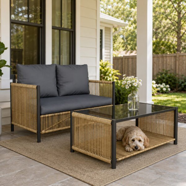 Outdoor wicker loveseat sofa set with coffee table and cushions for patio porch and backyard