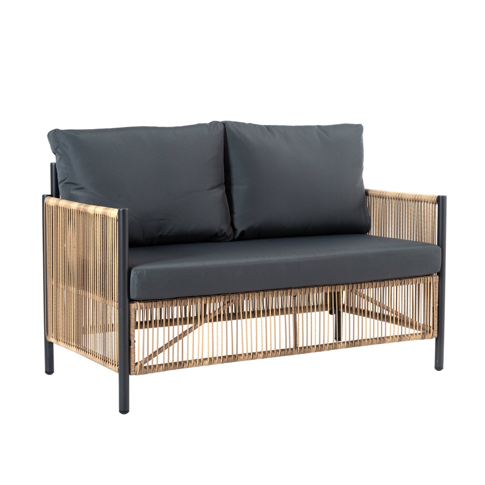 Outdoor wicker loveseat sofa with gray cushions on white background for patio furniture set
