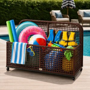 outdoor wicker pool float storage cart with wheels in brown rattan