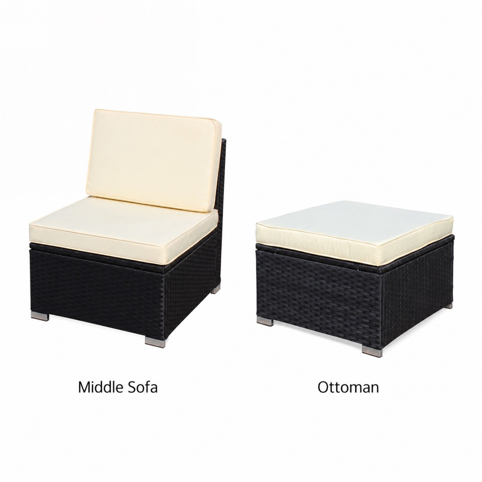 Middle sofa and ottoman pieces of 5-piece outdoor wicker sectional sofa set with beige cushions