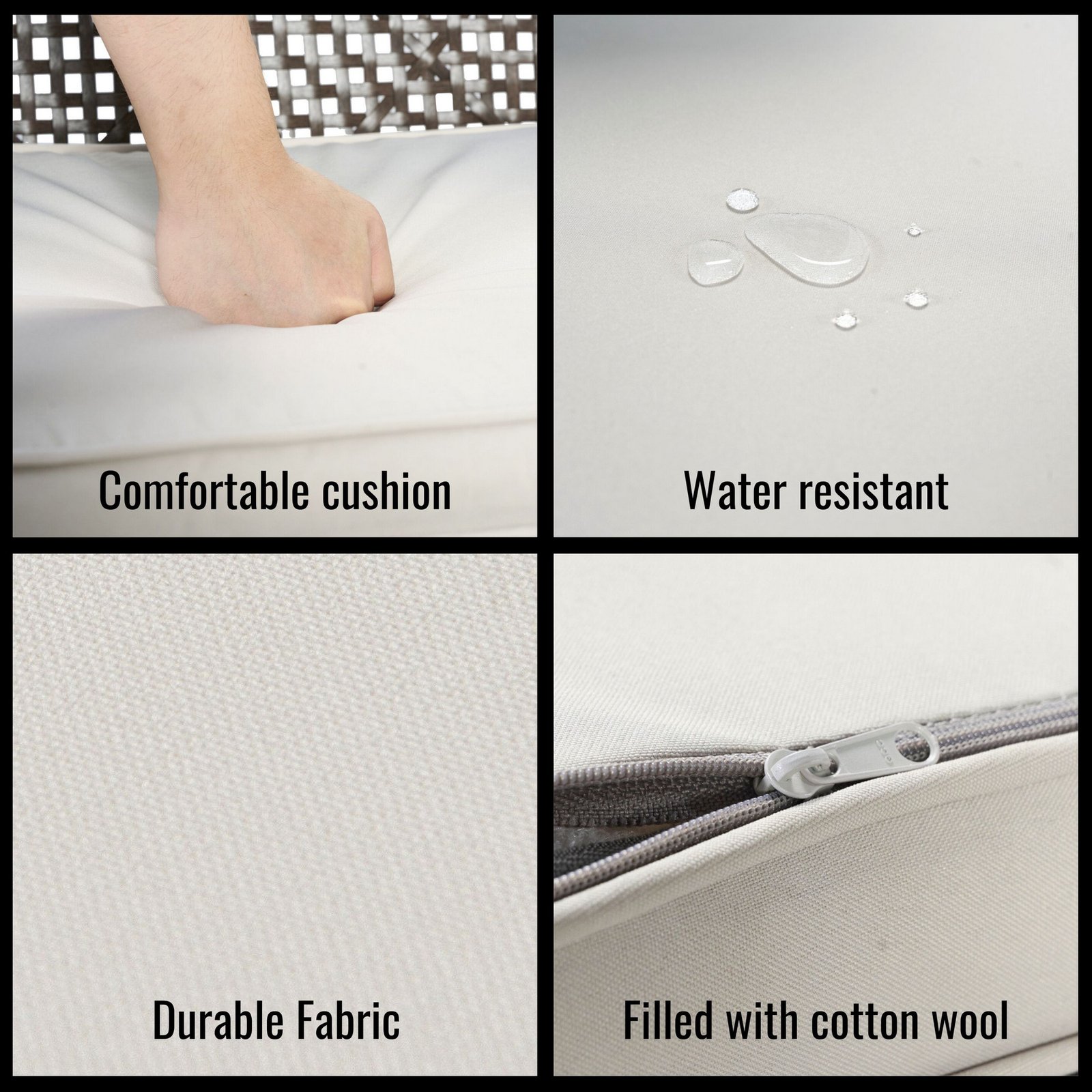 Close-up of the patio dining chair showing the water-resistant cushion, durable fabric, and cotton-filled seat for lasting outdoor comfort.
