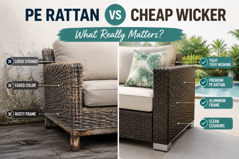 PE rattan vs cheap wicker comparison showing tight weaving, aluminum frame, and quality differences in outdoor furniture