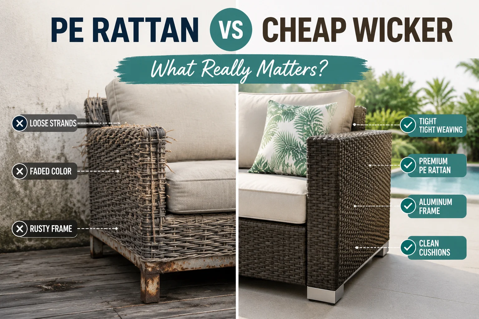 PE rattan vs cheap wicker comparison showing tight weaving, aluminum frame, and quality differences in outdoor furniture