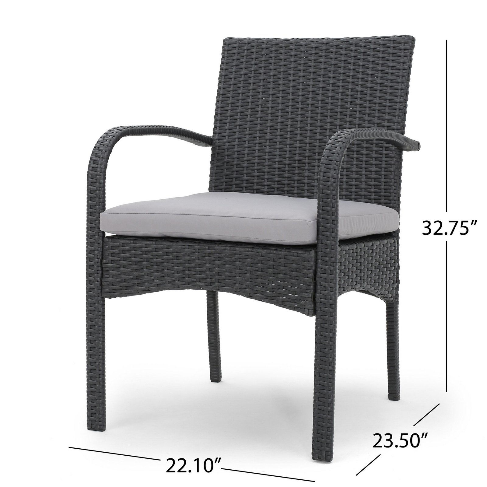 Dimensions of PE wicker outdoor dining chairs with cushions, showing size measurements for patio, deck, and balcony furniture