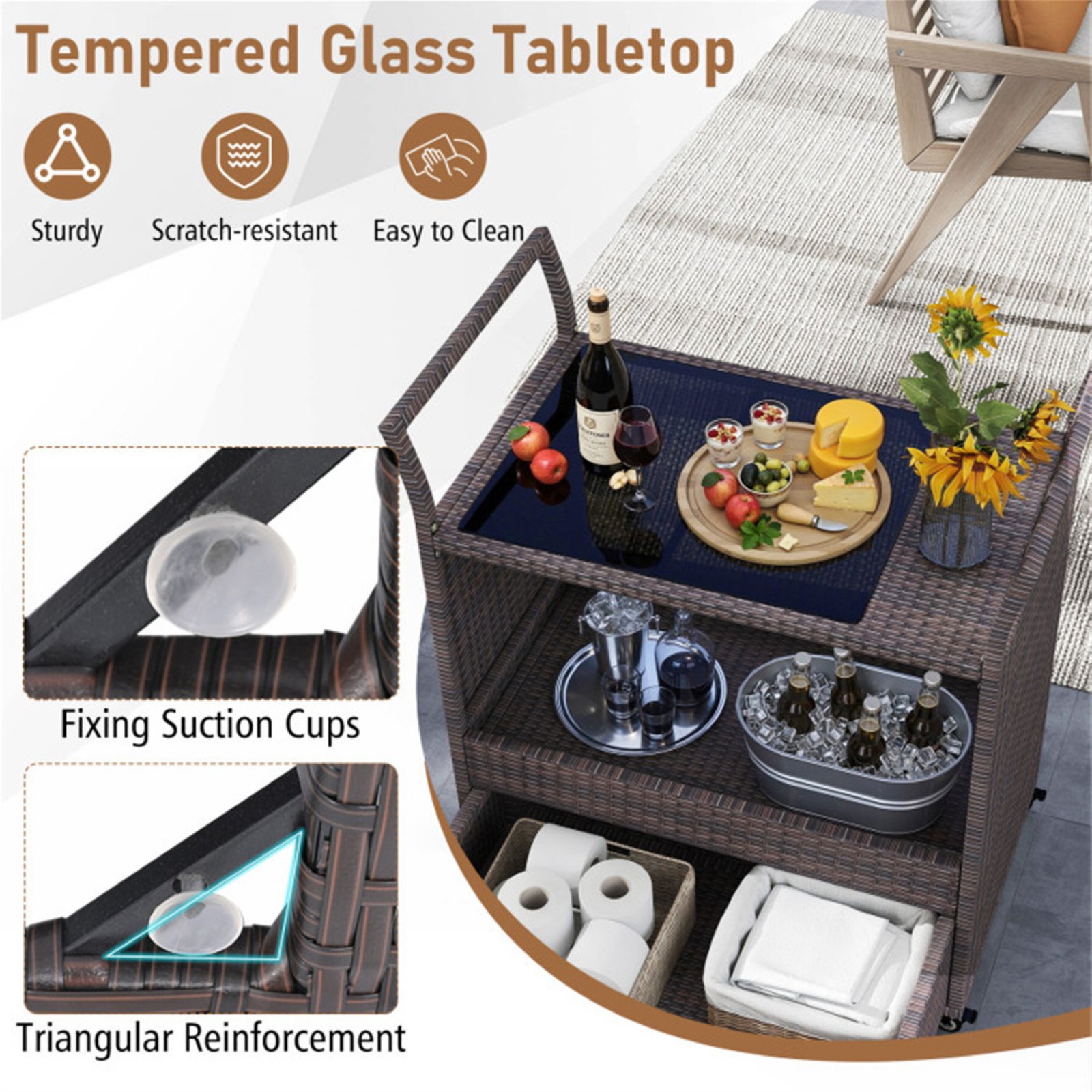 Rattan outdoor bar cart with tempered glass tabletop, fixing suction cups, and reinforced support design
