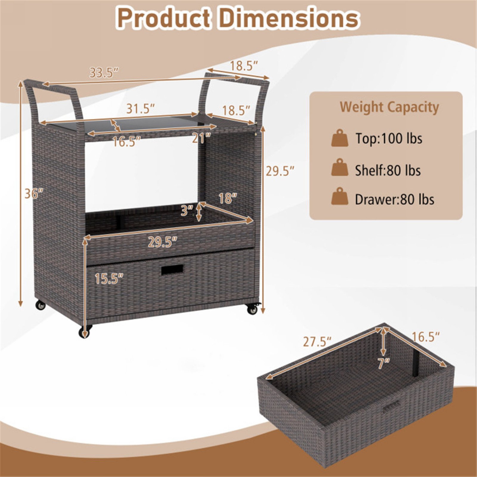 Rattan outdoor bar cart dimensions with tempered glass size, shelf measurements, drawer size, and weight capacity