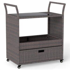 Rattan outdoor bar cart with tempered glass top, storage drawer, and wheels