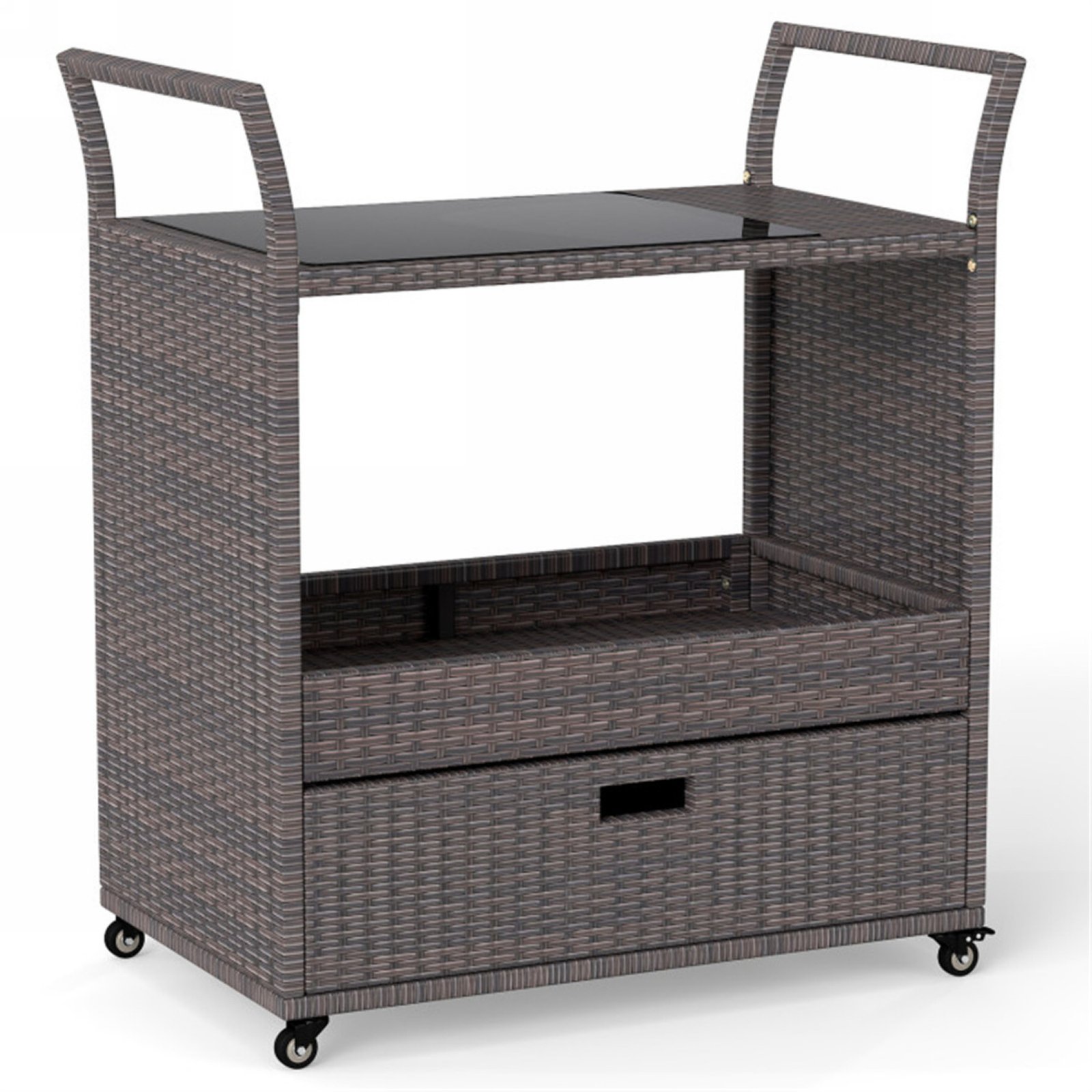 Rattan outdoor bar cart with tempered glass top, storage drawer, and wheels