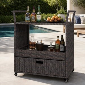 Rattan outdoor bar cart with glass top and drawer used as a patio serving cart beside a pool