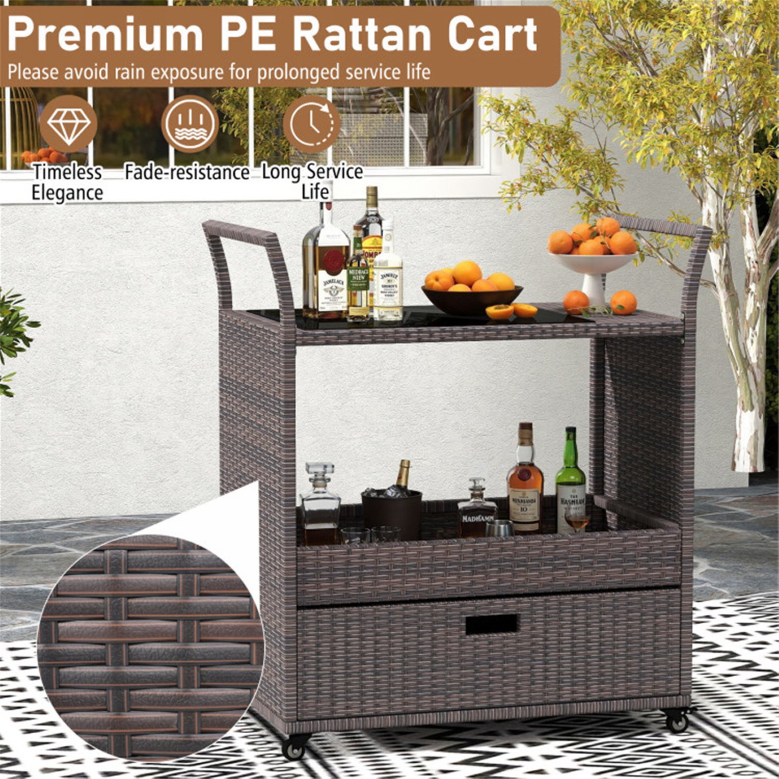 Rattan outdoor bar cart made with premium PE rattan featuring fade-resistant and durable outdoor construction