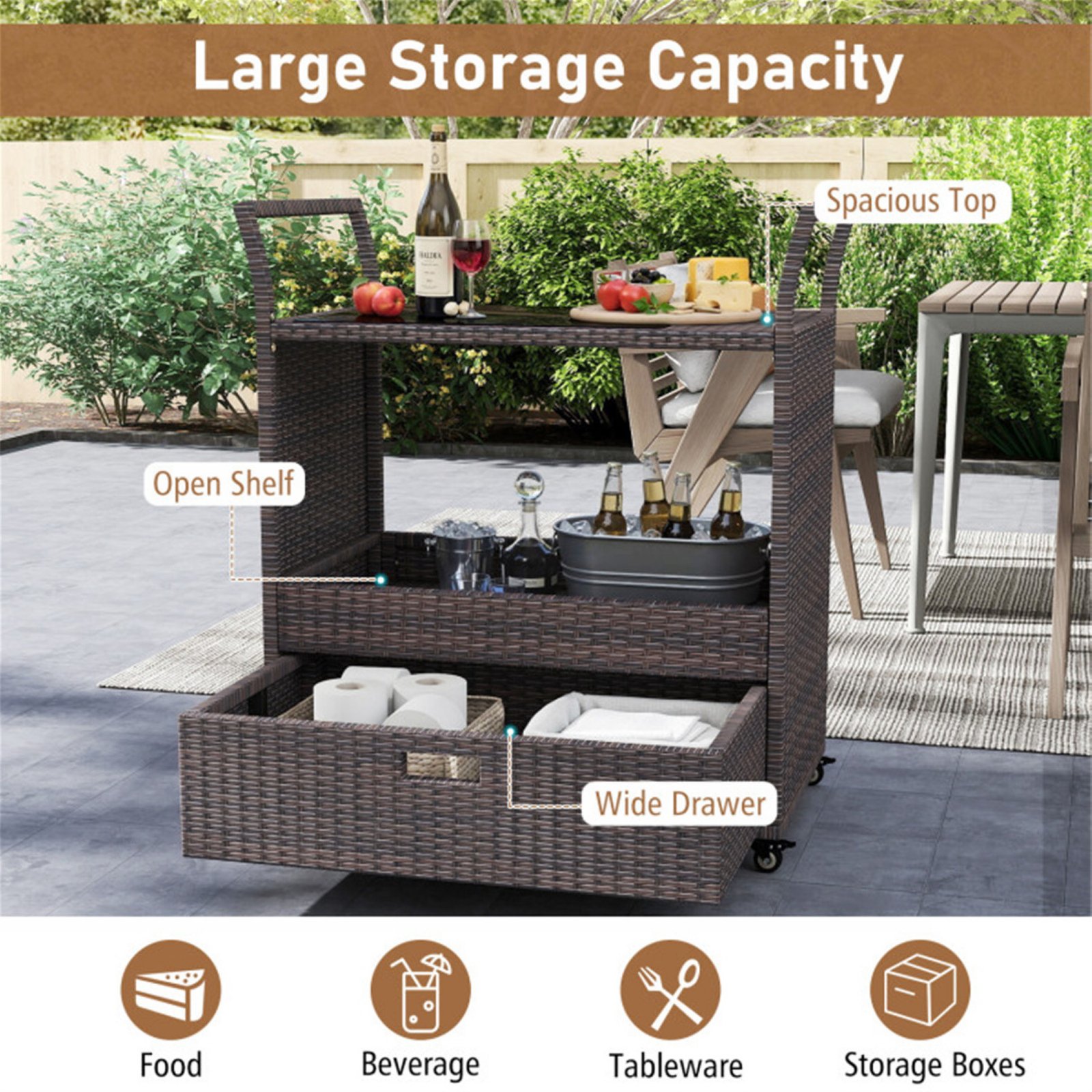 Rattan outdoor bar cart with spacious top, open shelf, and large storage drawer for drinks and tableware
