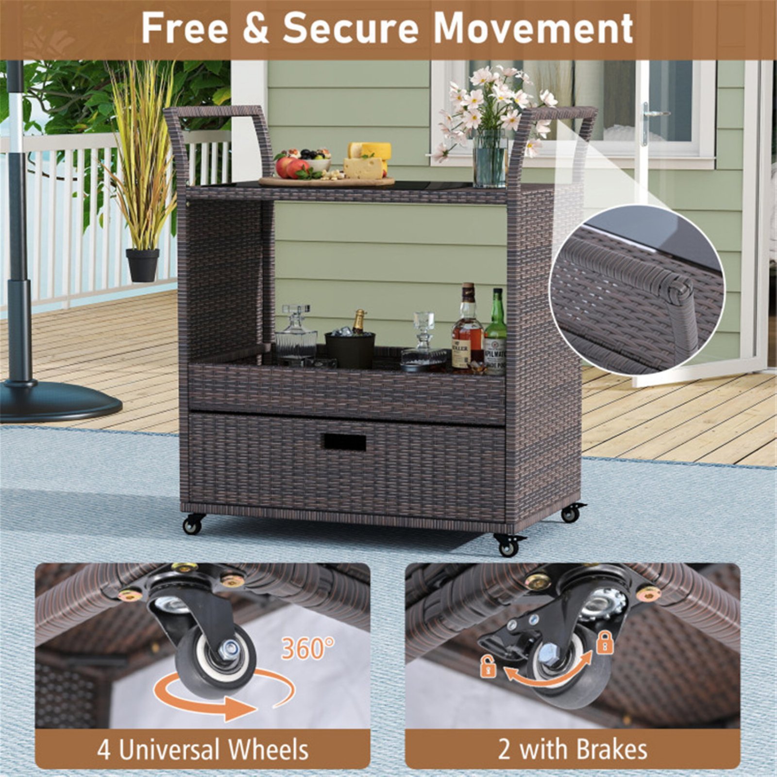 Rattan outdoor bar cart with 360 degree wheels and two locking brakes for easy movement