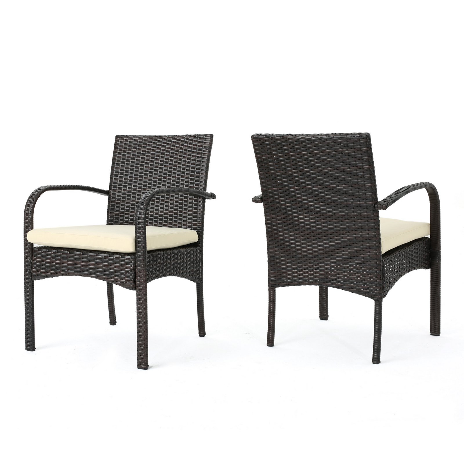 Set of 2 brown PE wicker dining chairs with cushions, white background product image for outdoor patio furniture