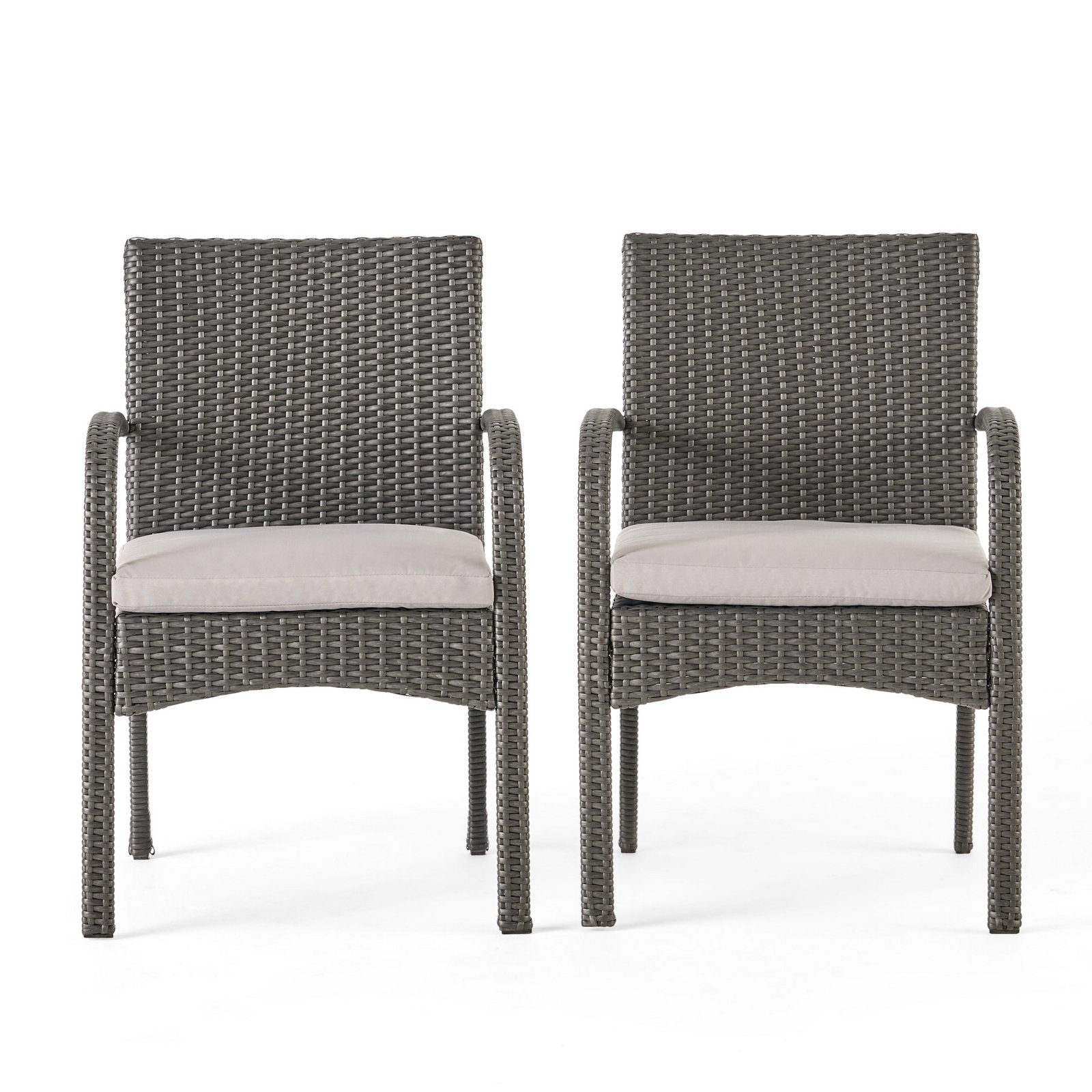 Set of 2 gray PE wicker dining chairs with cushions, white background image for outdoor patio dining furniture