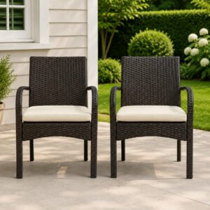 Set of 2 outdoor PE wicker dining chairs in brown with cushions, patio chairs for garden, deck, balcony, and outdoor dining use
