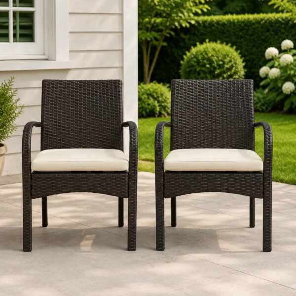 Set of 2 outdoor PE wicker dining chairs in brown with cushions, patio chairs for garden, deck, balcony, and outdoor dining use