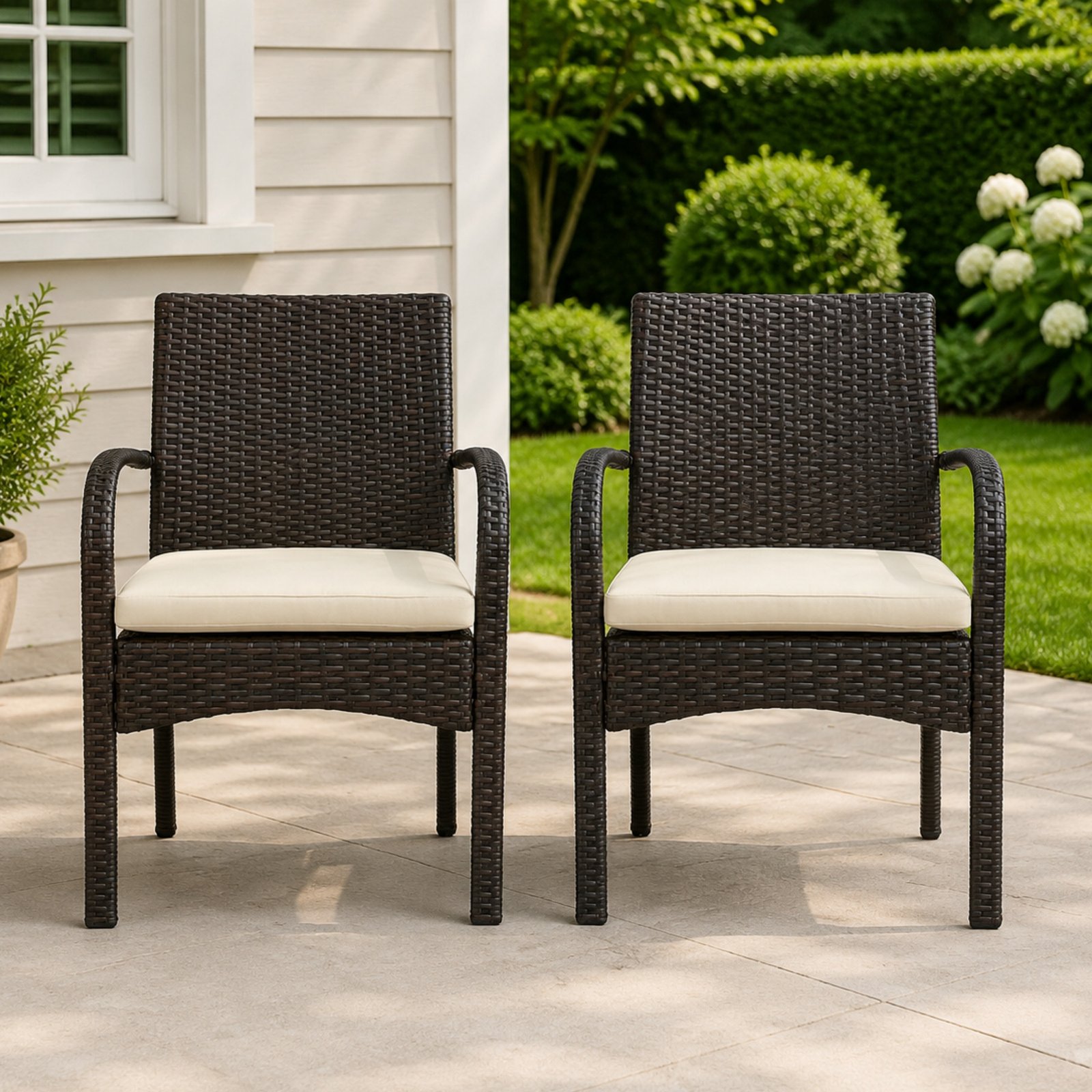 Set of 2 outdoor PE wicker dining chairs in brown with cushions, patio chairs for garden, deck, balcony, and outdoor dining use