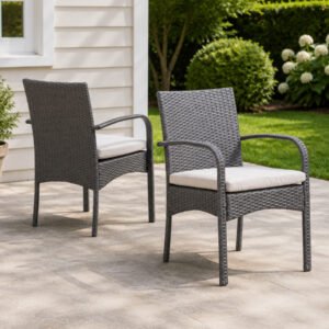 set-of-2-outdoor-pe-wicker-dining-chairs-gray-patio-poolside Set of 2 gray outdoor PE wicker dining chairs with cushions, weather-resistant patio chairs for garden, deck, balcony, and poolside seating