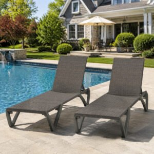 Set of 2 outdoor wicker chaise lounge chairs with 5-position adjustable backrests and wheels beside a backyard pool, ideal for patios, decks, and outdoor relaxation