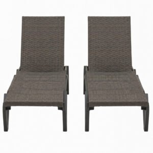 set-of-2-outdoor-wicker-chaise-lounge-chairs-white-background Set of 2 outdoor wicker chaise lounge chairs with wheels and 5-position adjustable backrests, shown as a white background product image for patio, deck, and poolside use