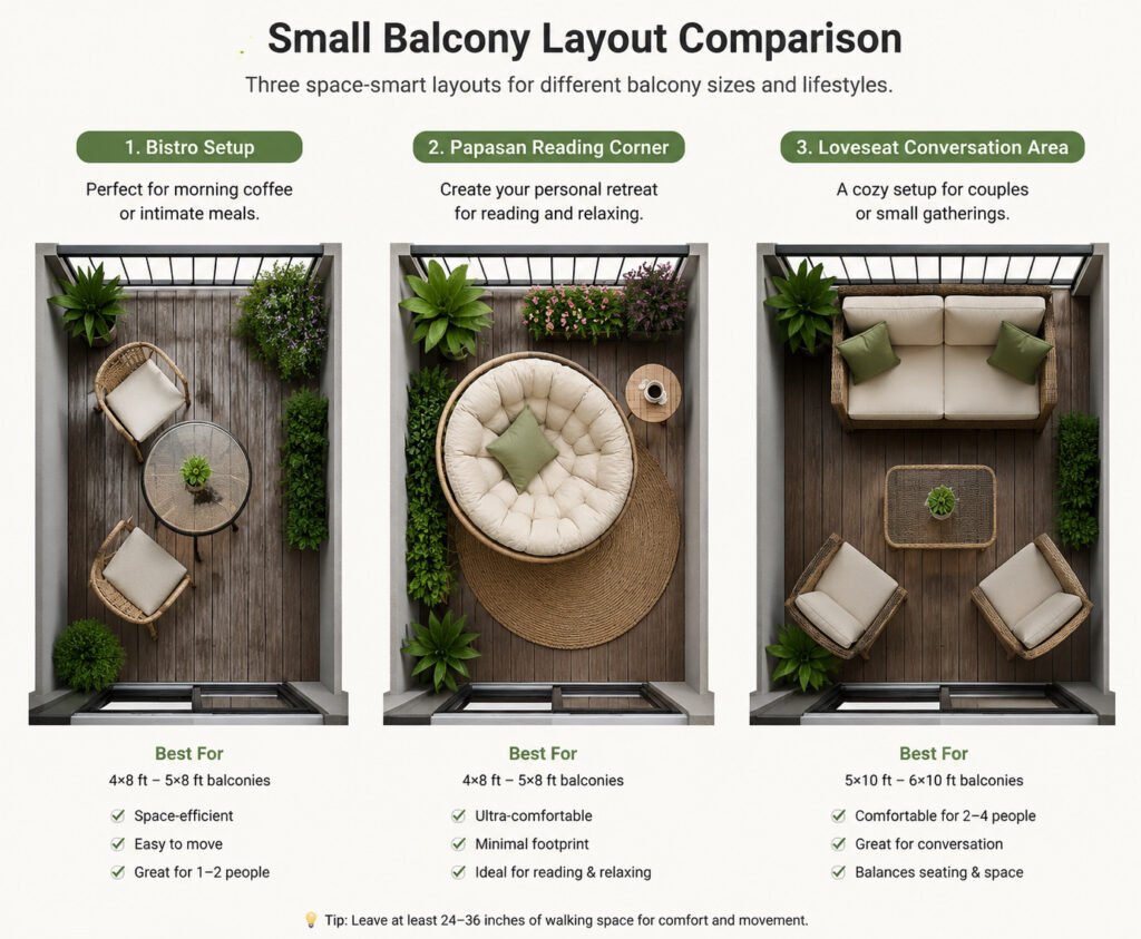 Small balcony layout comparison showing bistro set, outdoor Papasan chair reading corner, and loveseat conversation area for compact rattan patio furniture setups