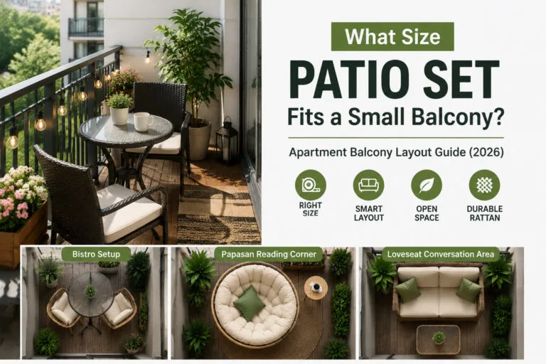 Small balcony patio furniture layout with compact rattan seating, bistro set, and space-saving outdoor furniture ideas