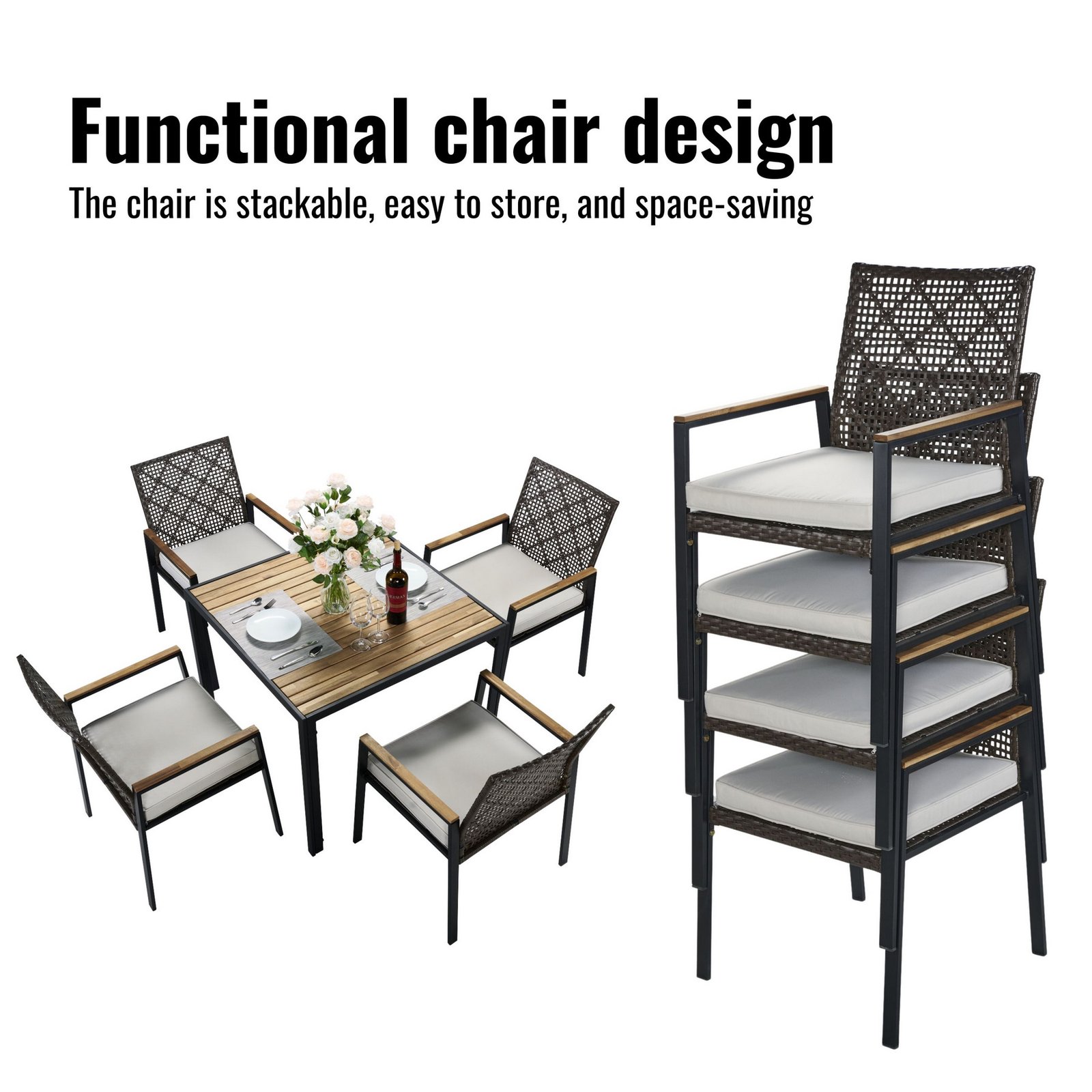 5-piece outdoor patio dining set featuring stackable dining chairs with a space-saving design for easy storage and everyday outdoor use.